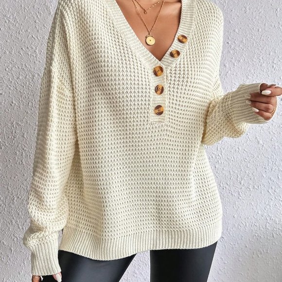 Apricot Casual Womens Half Button Drop Shoulder Waffle Knit Sweater - Picture 6 of 7